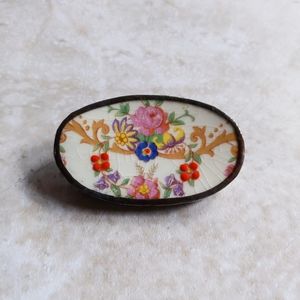 Vintage Beautiful Handmade Floral Porcelain Ceramic Oval Pin Brooch